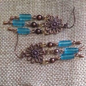 Handmade! Copper & Aqua Glass Rod Chandelier Earrings ~ Floral Flowers Tassels